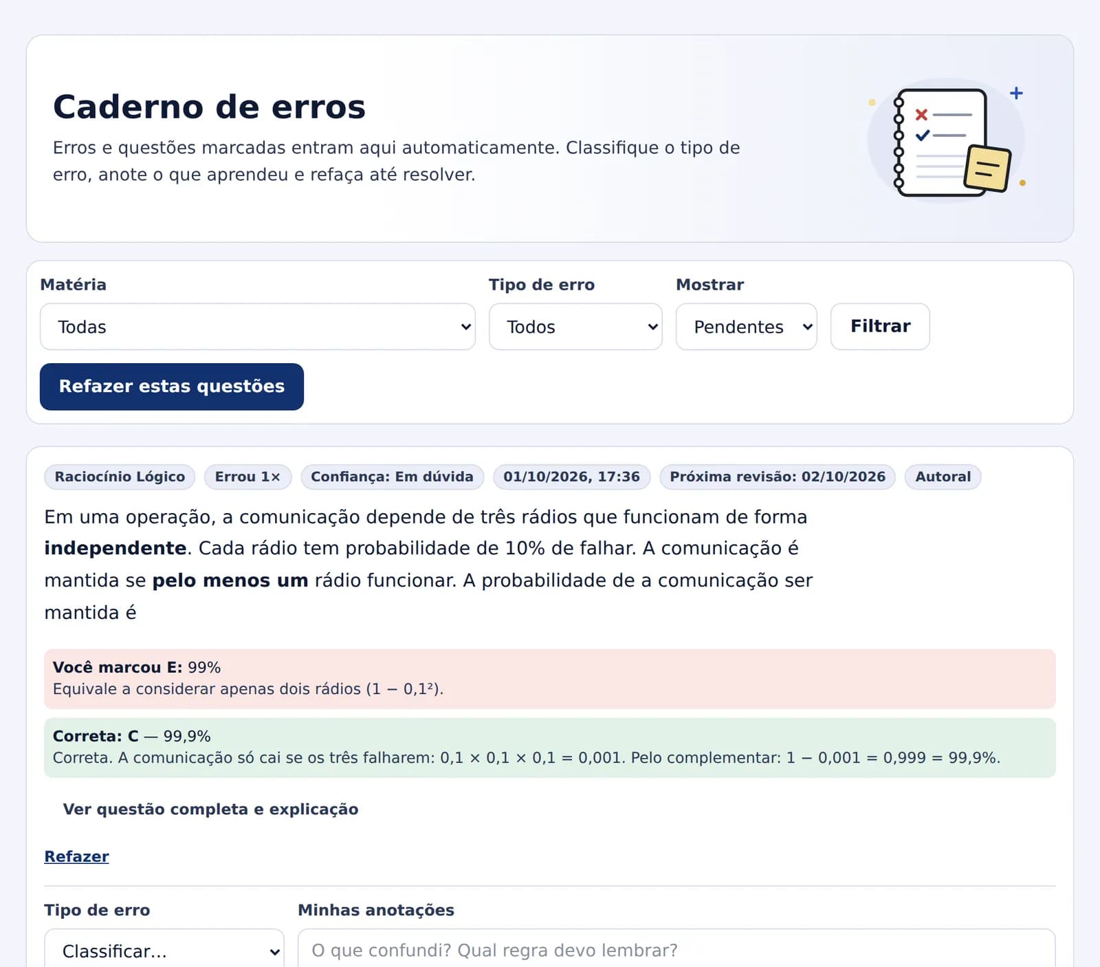 Caderno de erros com uma questão de Raciocínio Lógico, a alternativa marcada, a correta com explicação, data, confiança e próxima revisão