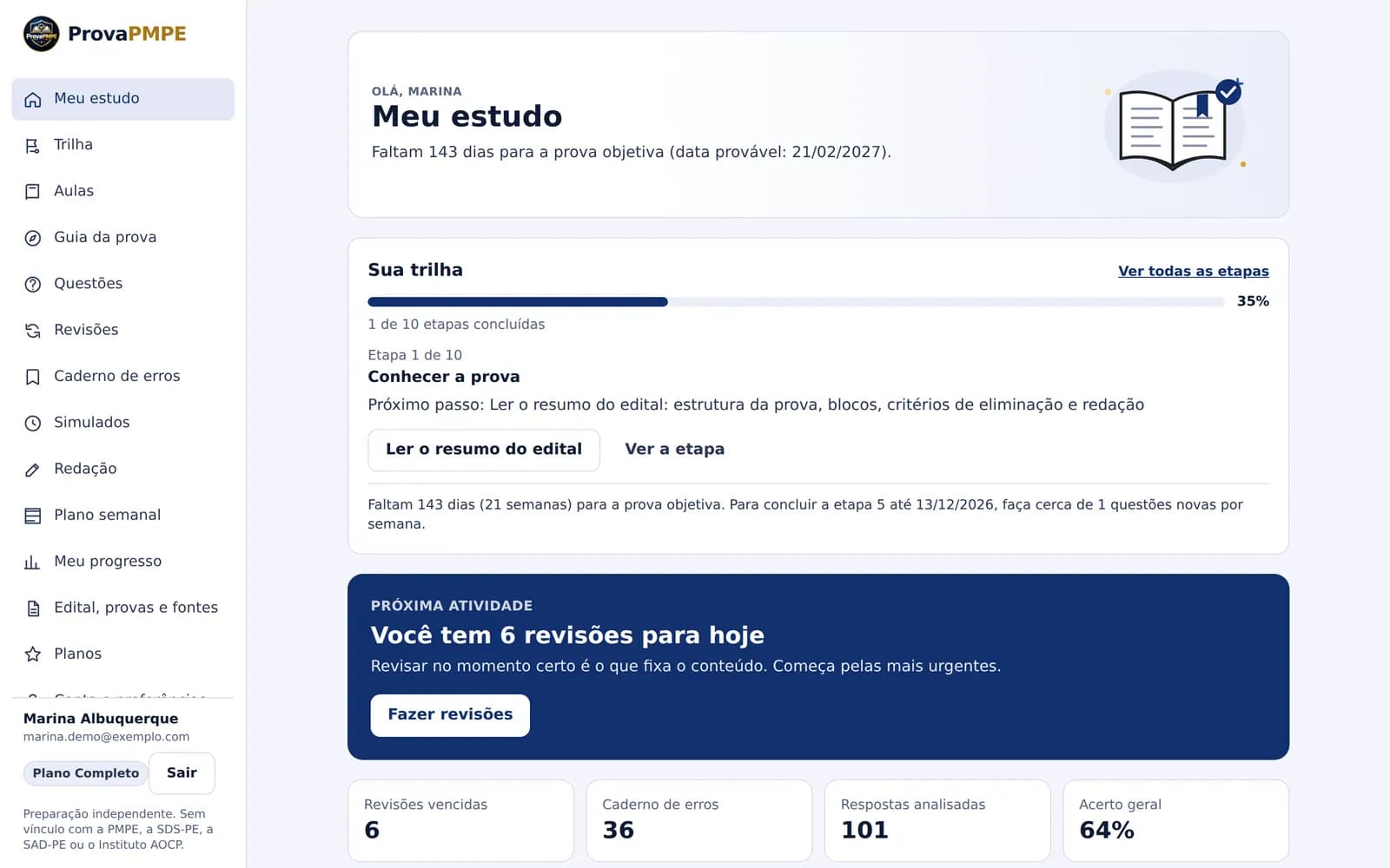 Tela Meu estudo no computador: próxima atividade com 6 revisões para hoje, contadores de revisões, caderno de erros, respostas analisadas e acerto geral