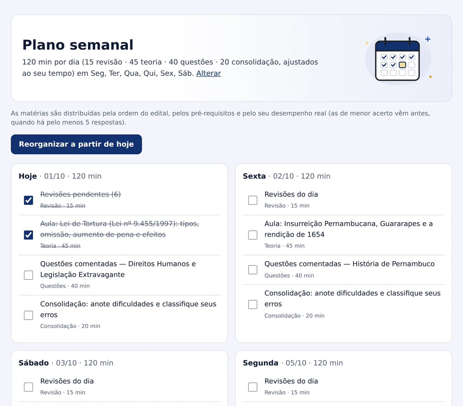 Plano semanal com as tarefas de cada dia e caixas de seleção