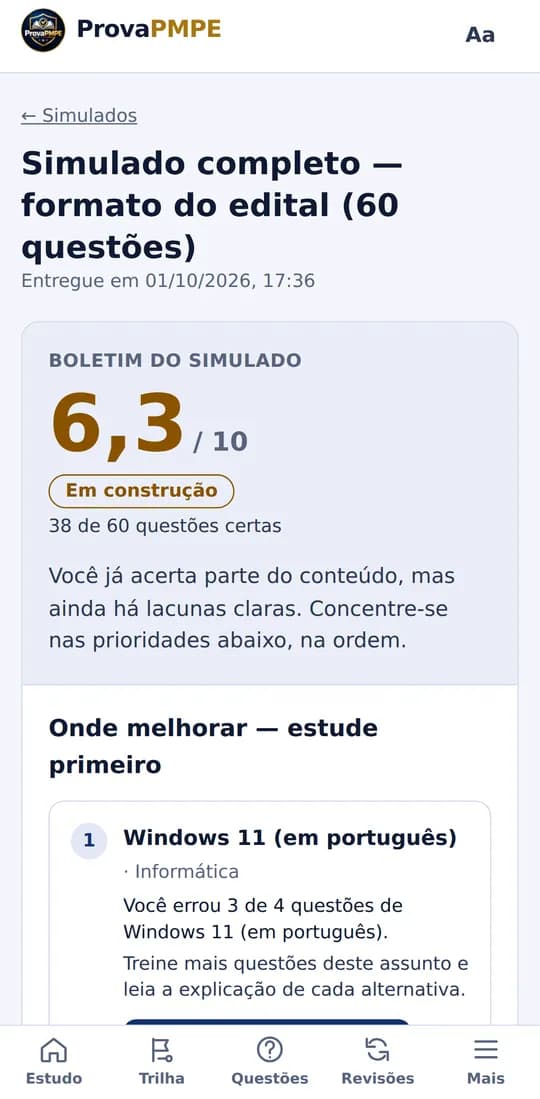Resultado de um simulado completo de 60 questões no celular, com nota e prioridades de estudo