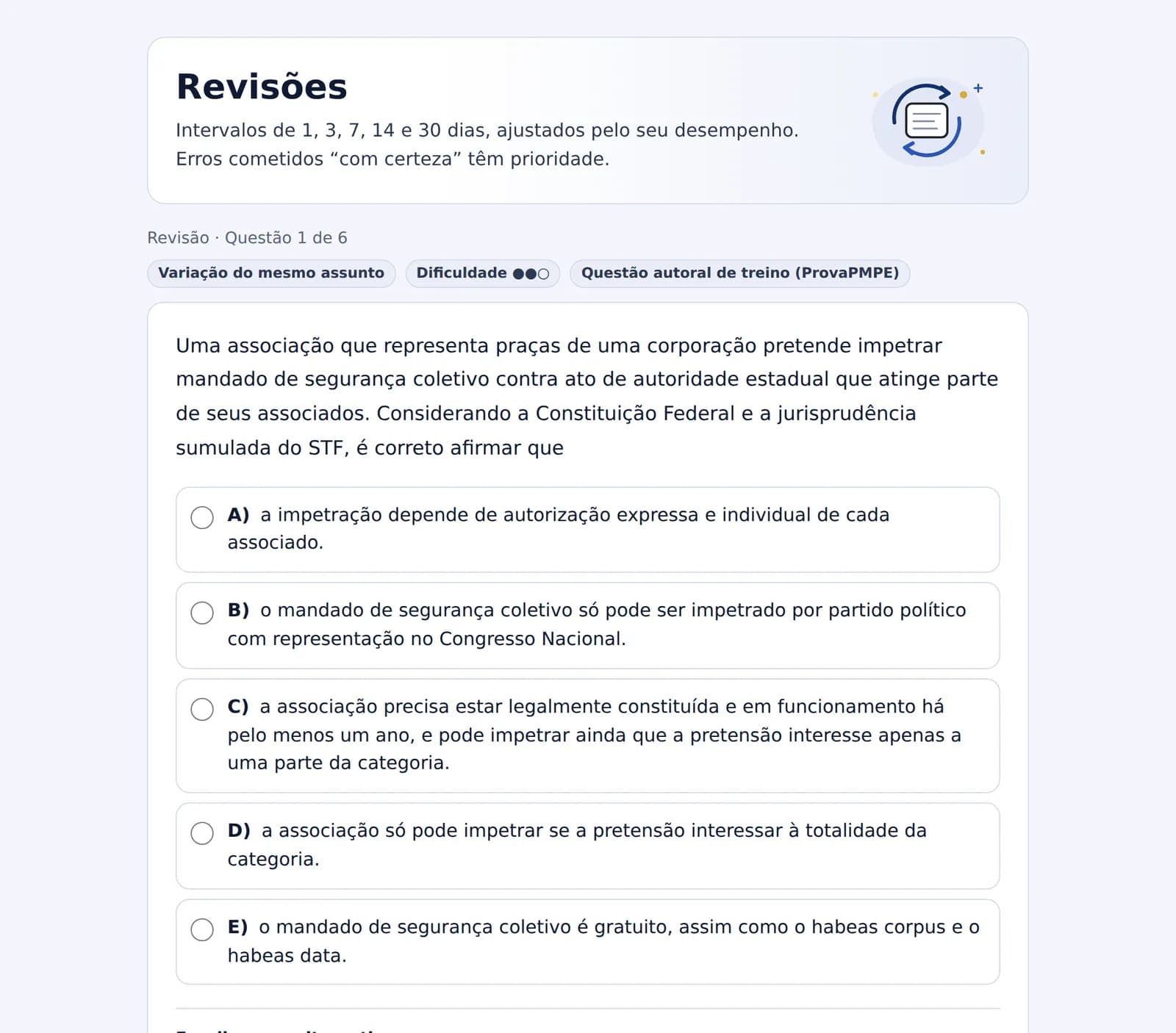 Tela de revisões com uma questão de Direito Constitucional marcada como variação do mesmo assunto